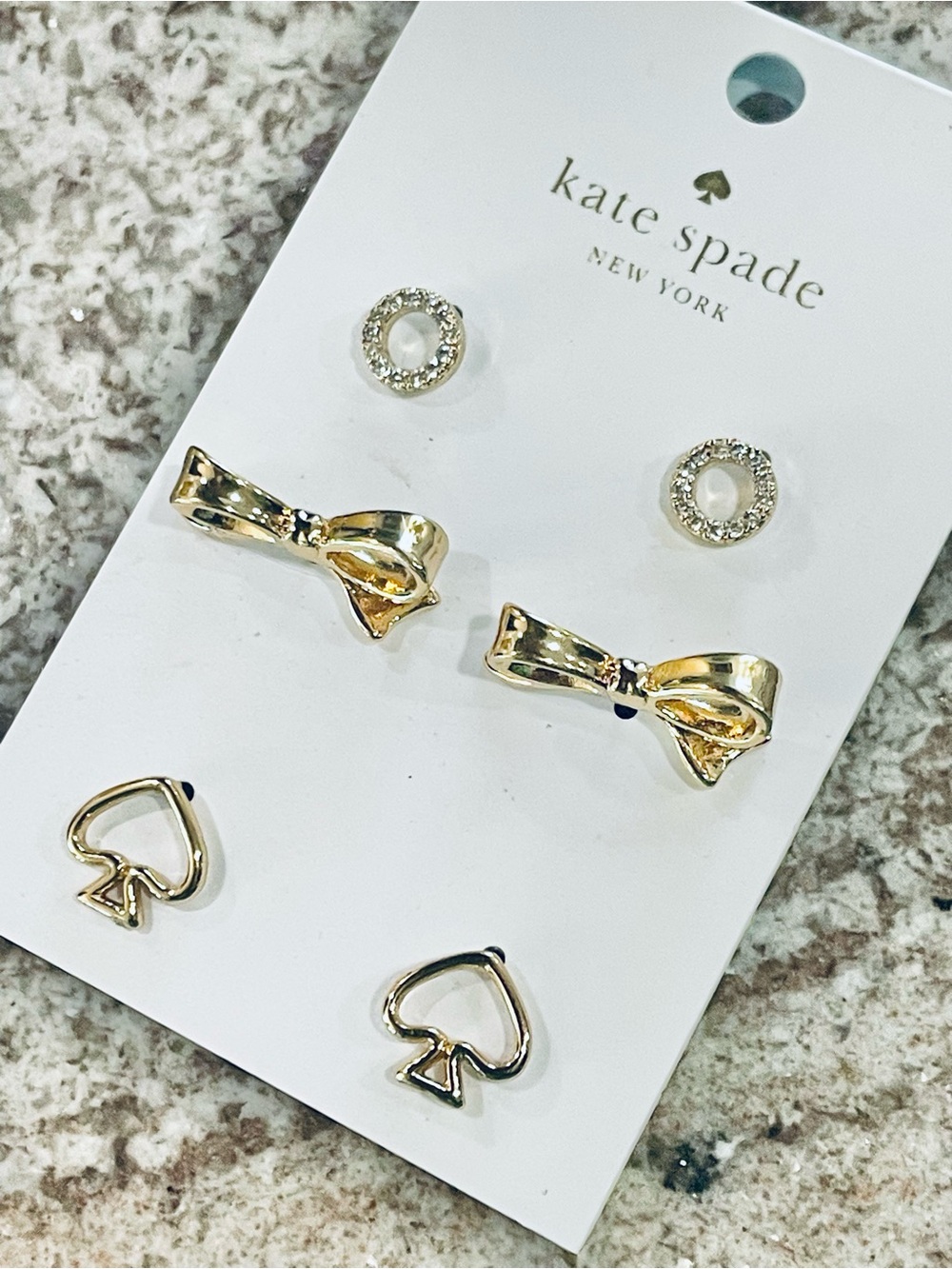 NWT~KATE SPADE~Gold Bow, Open Spade, & Pave Halo Stud Earring Set